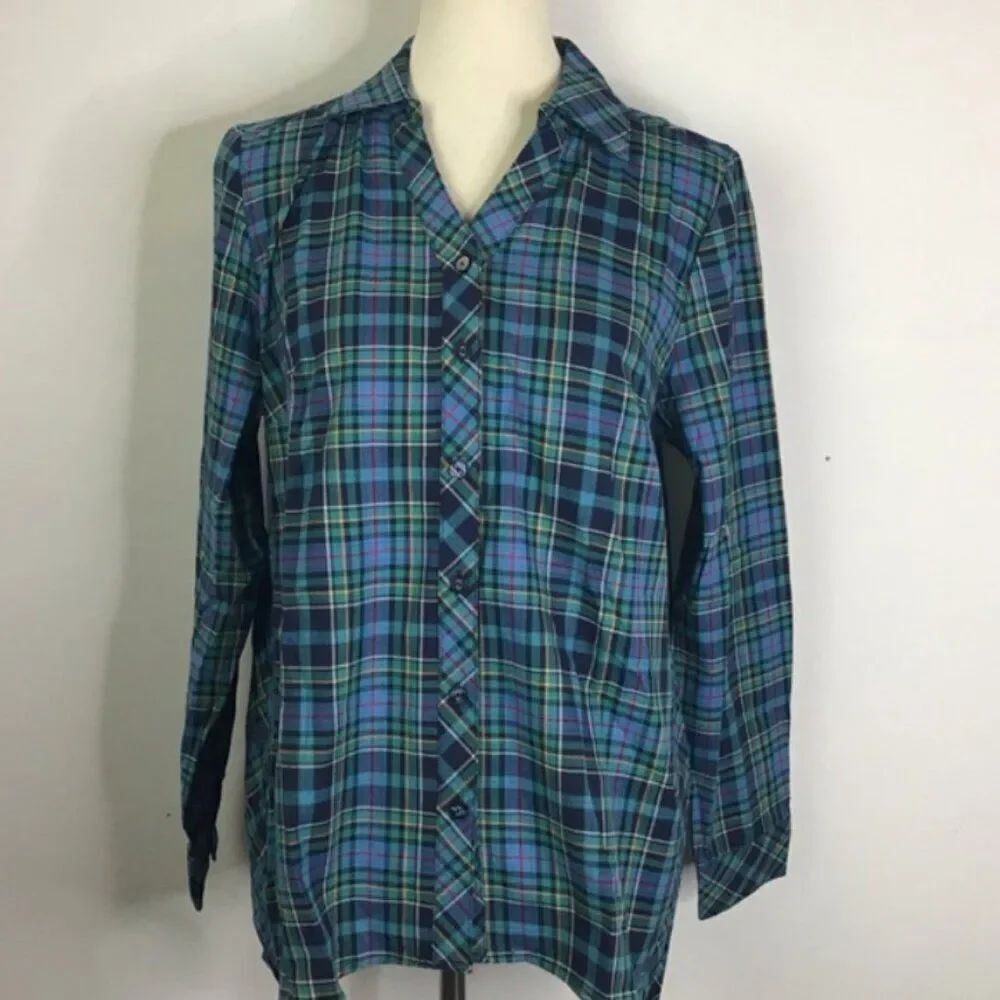 NWOT Denim & Co Plaid Button front leg sleeve | Size S